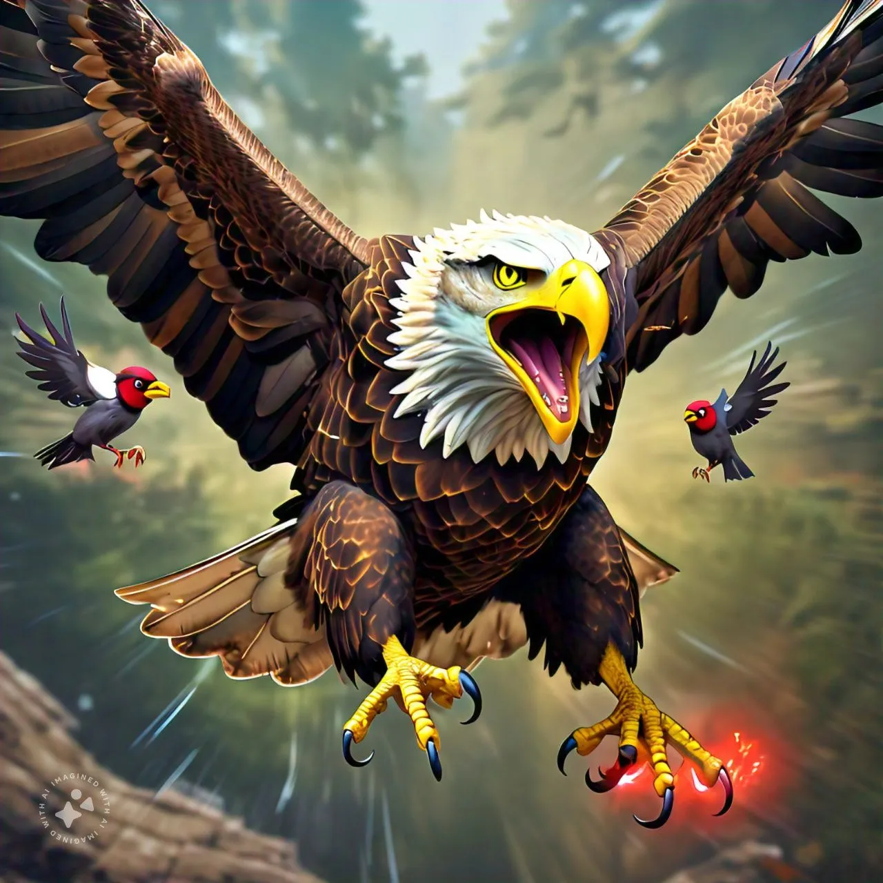 a painting of an eagle with its wings spread and attack on birds 