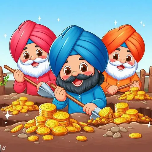 a group of three indian men with a shovel and gold coins Treasures