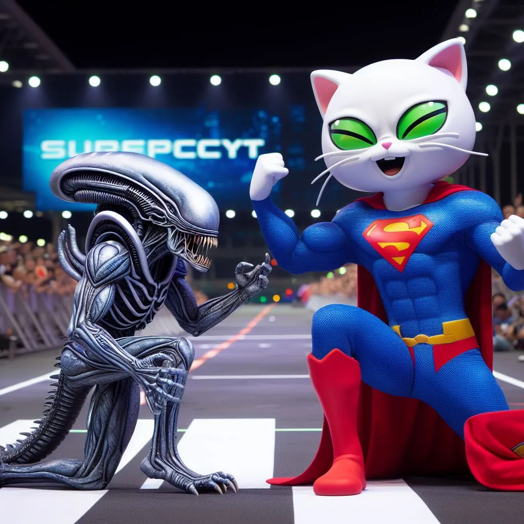 an alien cat and a cat - like alien cat on a runway