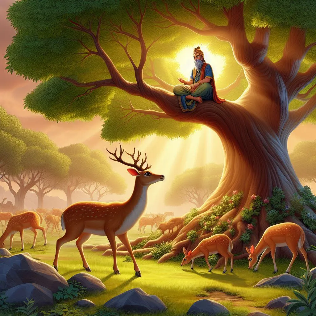 a painting of a man sitting in a tree surrounded by deer