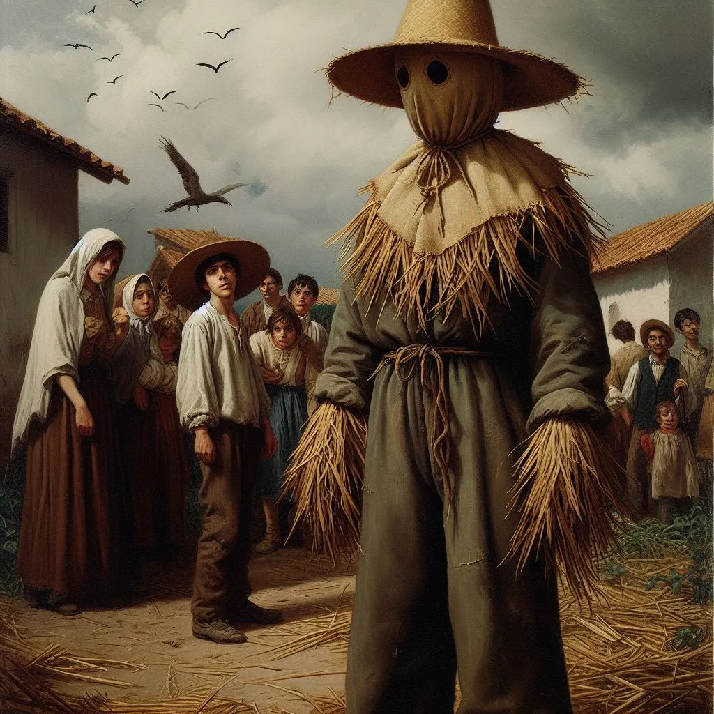 a painting of a scarecrow standing in front of a group of people