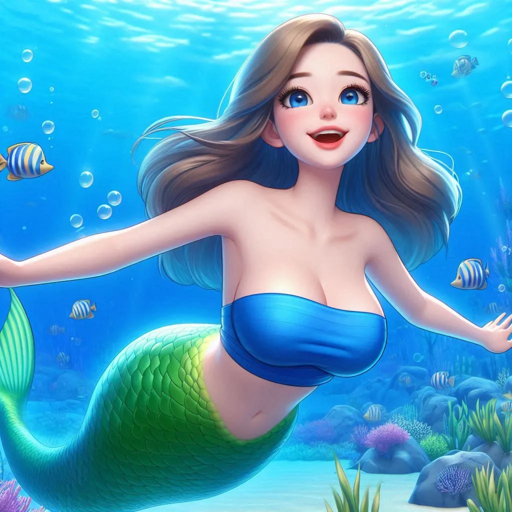 a beautiful mermaid wearing blue  tube blouse,  green tail swiiming under the sea singing happily 3D animation cartoon  zoom in 