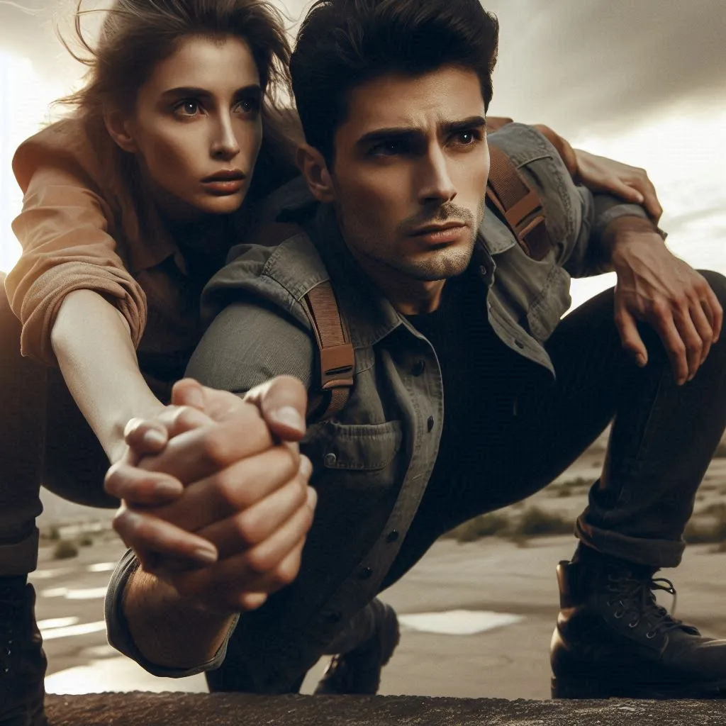 images of a man and a woman facing a challenge or danger together, demonstrating the strength of their bond and their determination to remain united.