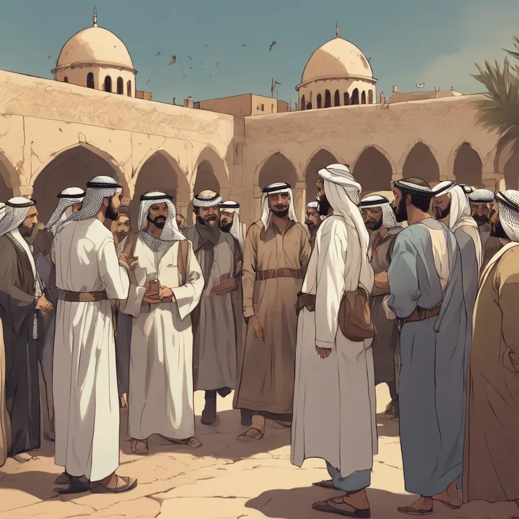 a group of arab men standing in front of a building. create ancient arab characters