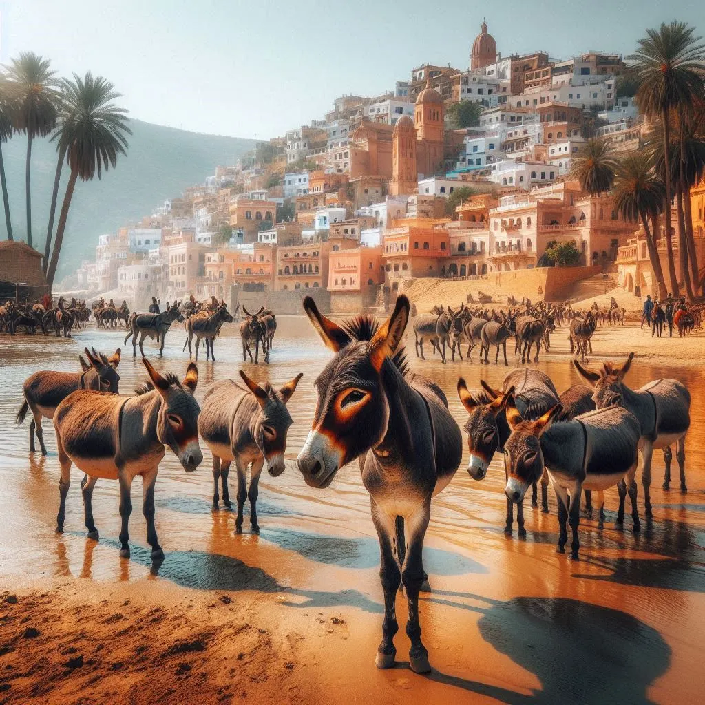 a group of donkeys standing on a beach next to a body of water