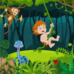 a boy swinging on a tree branch in the jungle