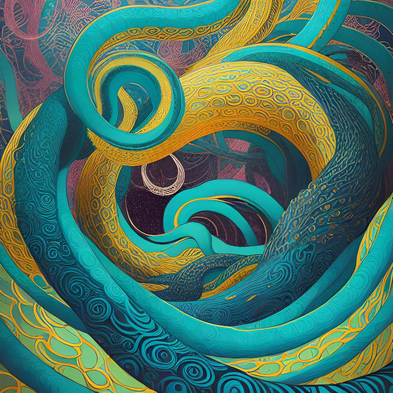 a painting of blue and yellow swirls