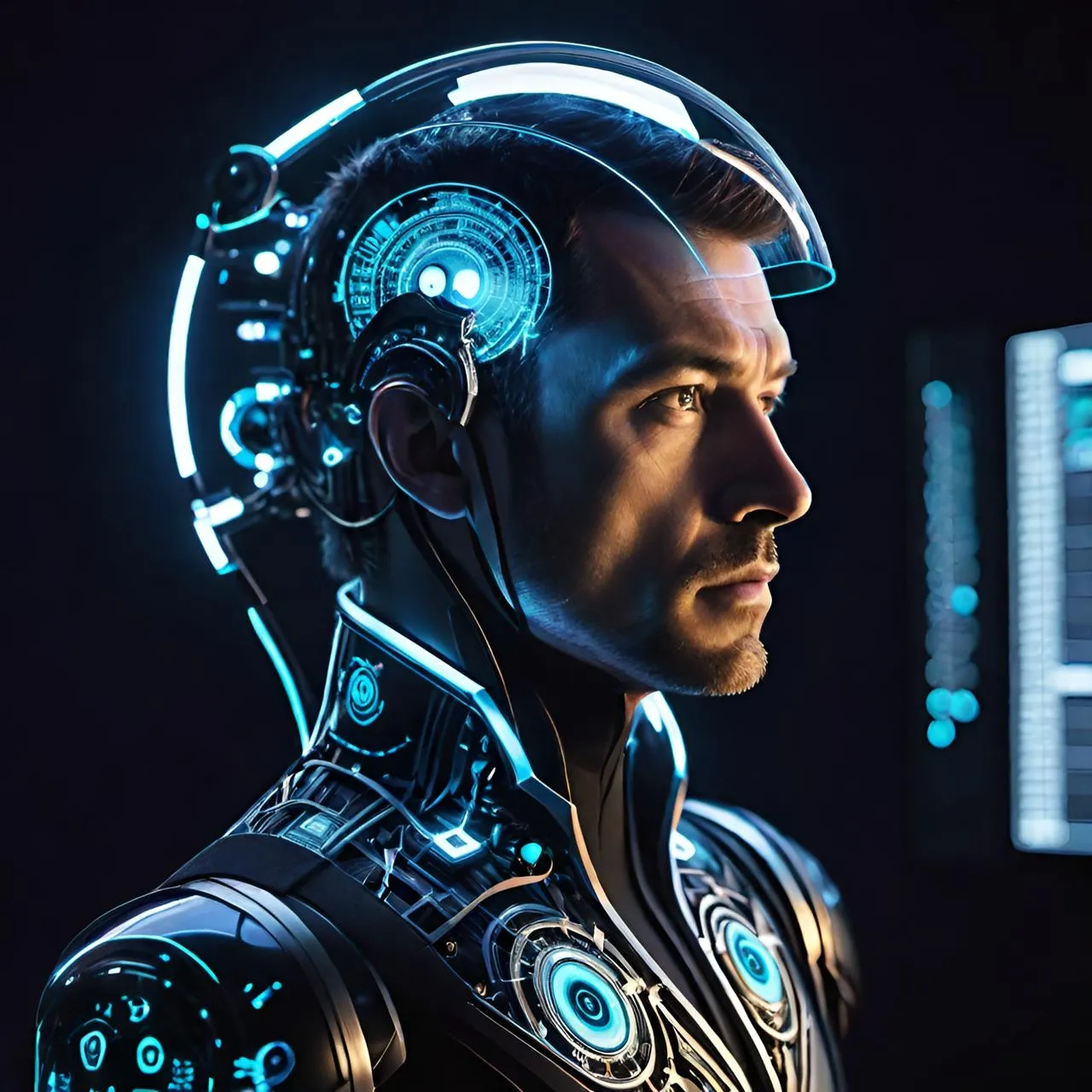 a man in a futuristic suit looking at a computer screen