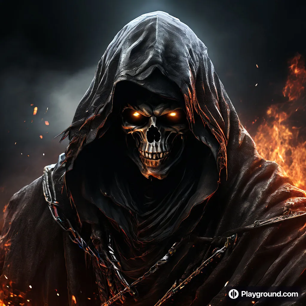 a skeleton in a hooded robe with glowing eyes