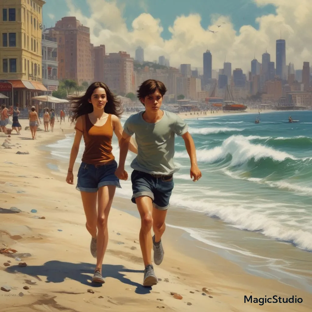 a painting of two people running on the beach