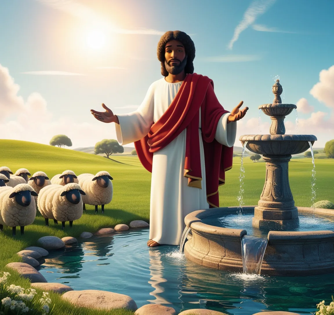 a painting of jesus standing in front of a fountain