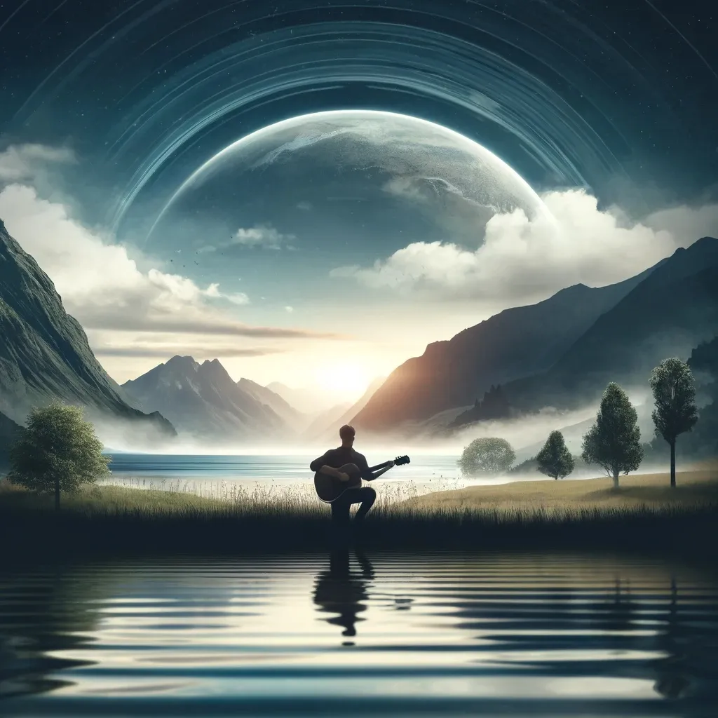 a man playing a guitar in front of a lake