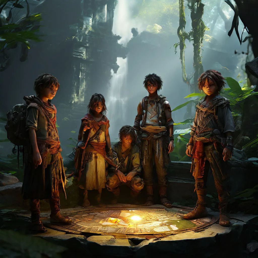 The friends standing around a stone platform with an intriguing map displayed on it. The camera focuses on the map, showing twisting trails through the jungle and mysterious symbols.