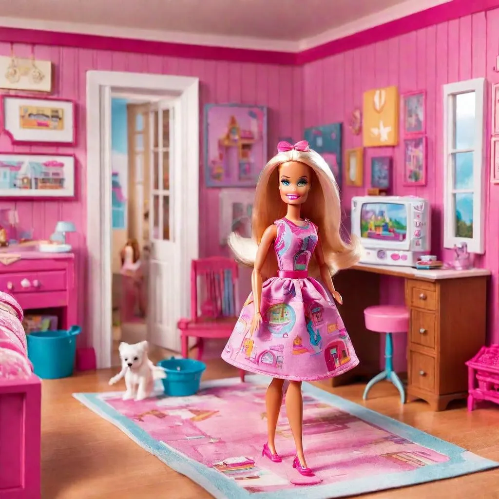 a barbie doll is standing in a pink bedroom