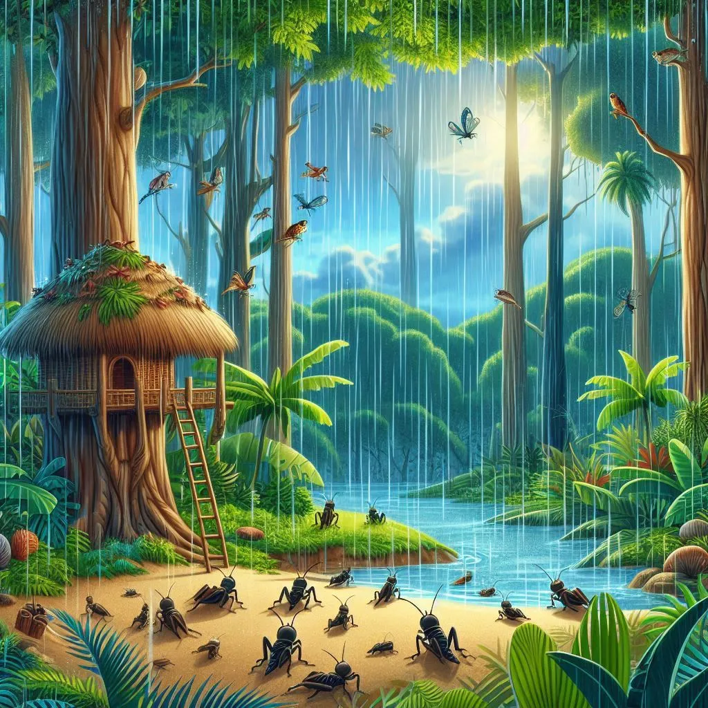 a painting of a jungle scene with a tree house