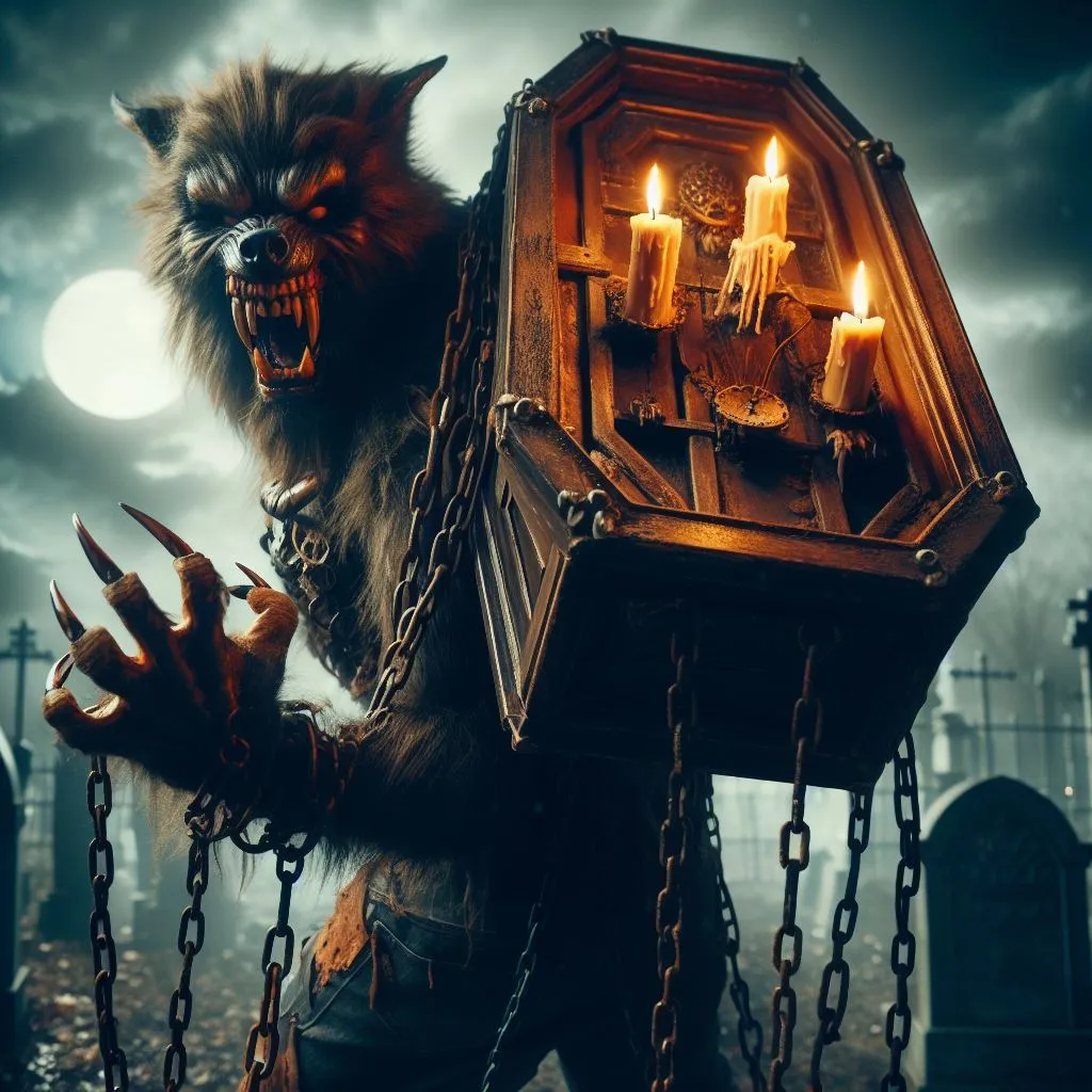 werewolf, with a coffin on his back, 3 candles on the coffin, chains around his waist and hands, seen from the back, walking through an empty village, misty night