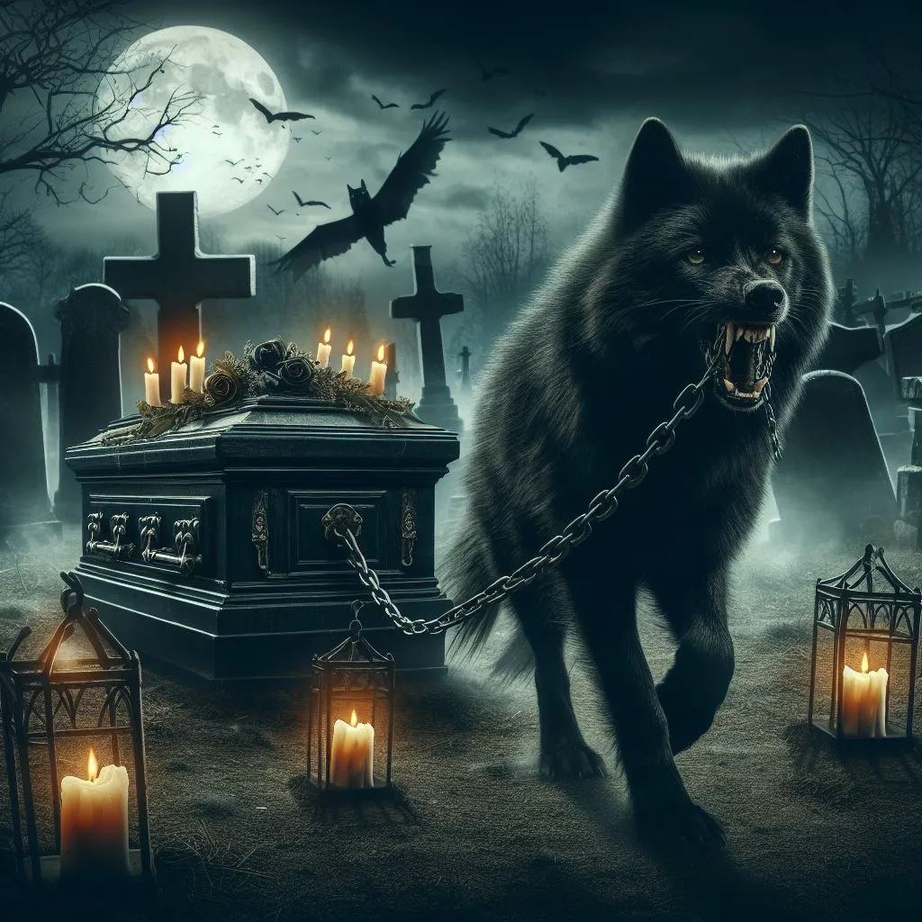 a black wolf, dragging a coffin, with chains there are candles on the coffin, in a graveyard