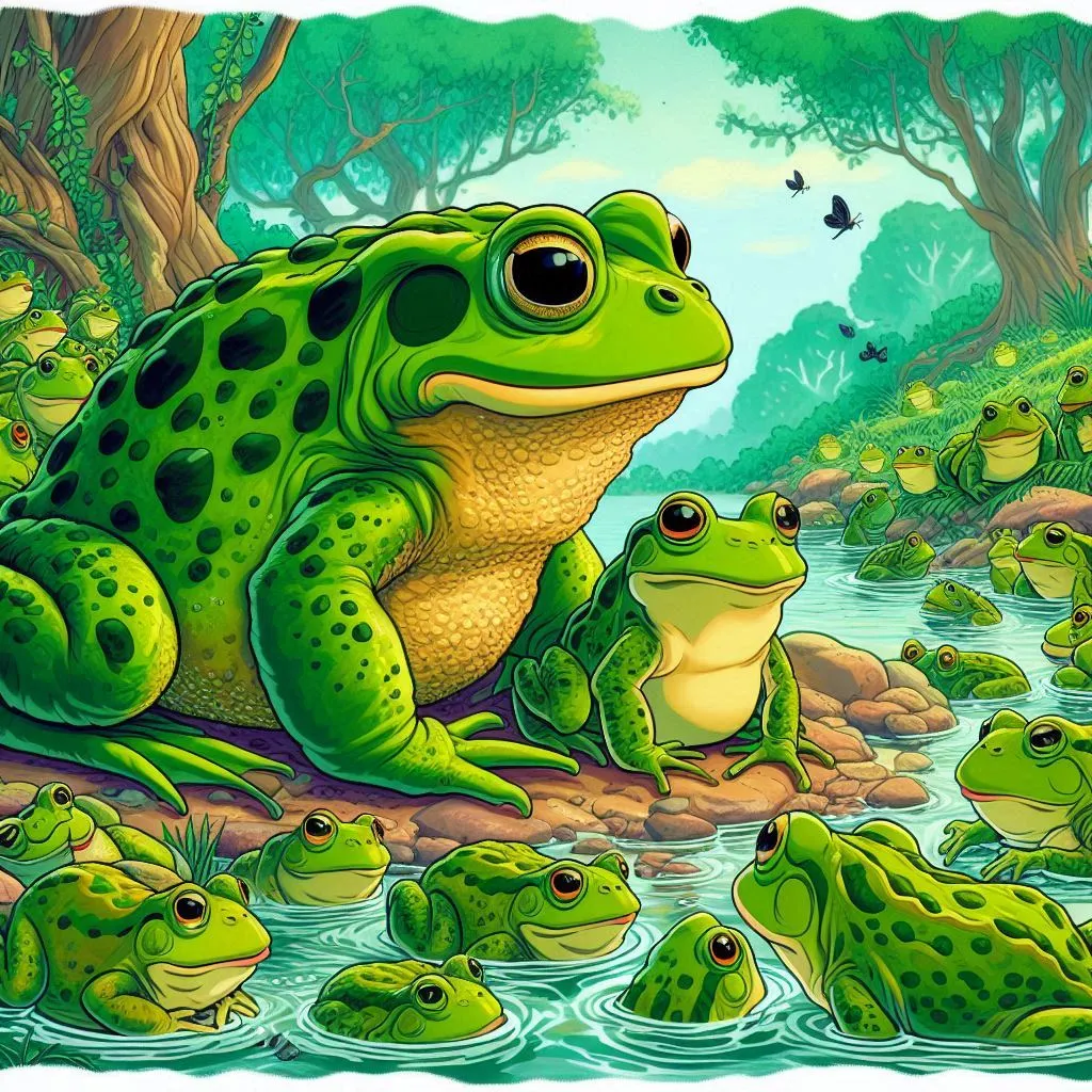 a group of green frogs sitting on top of a river