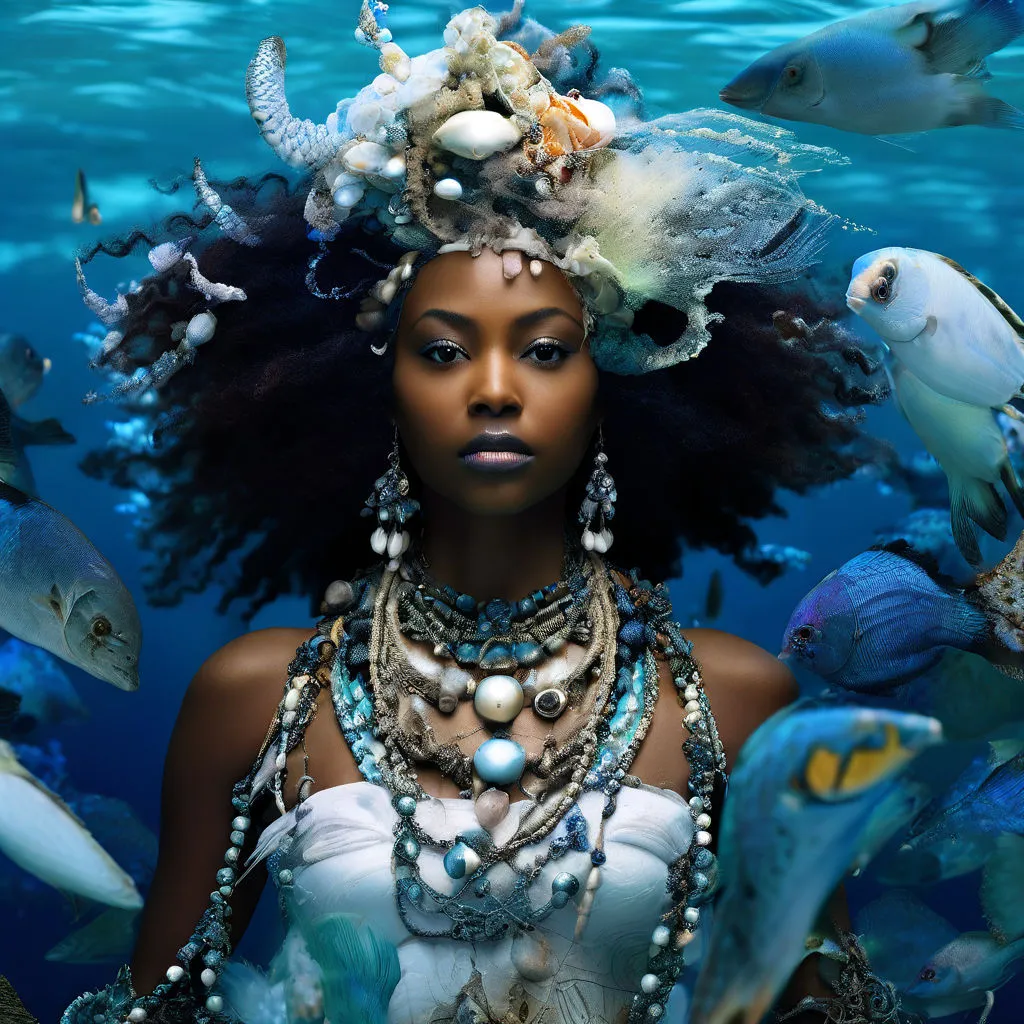 a woman wearing a headdress surrounded by fish