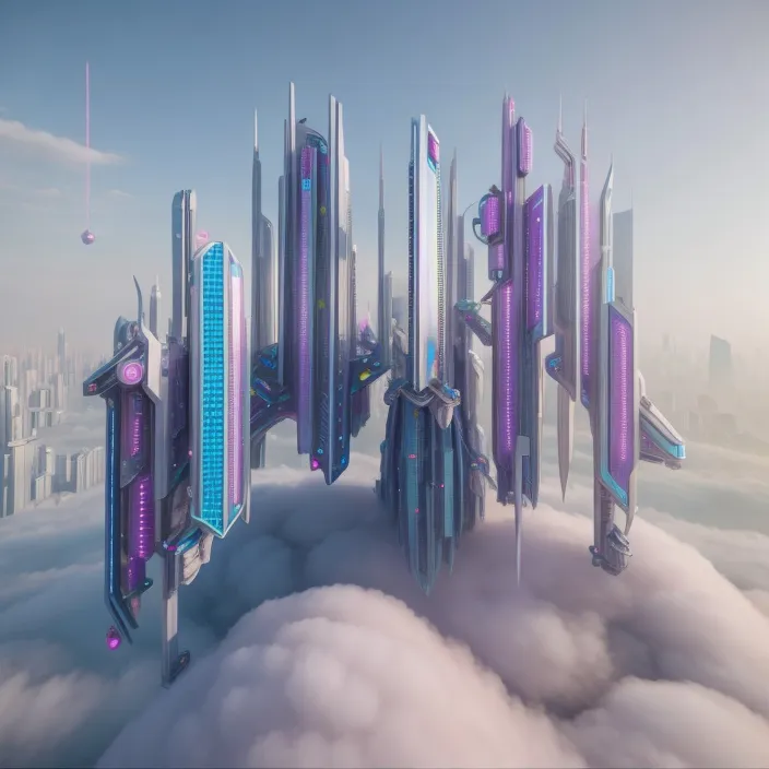 a futuristic city surrounded by clouds in the sky