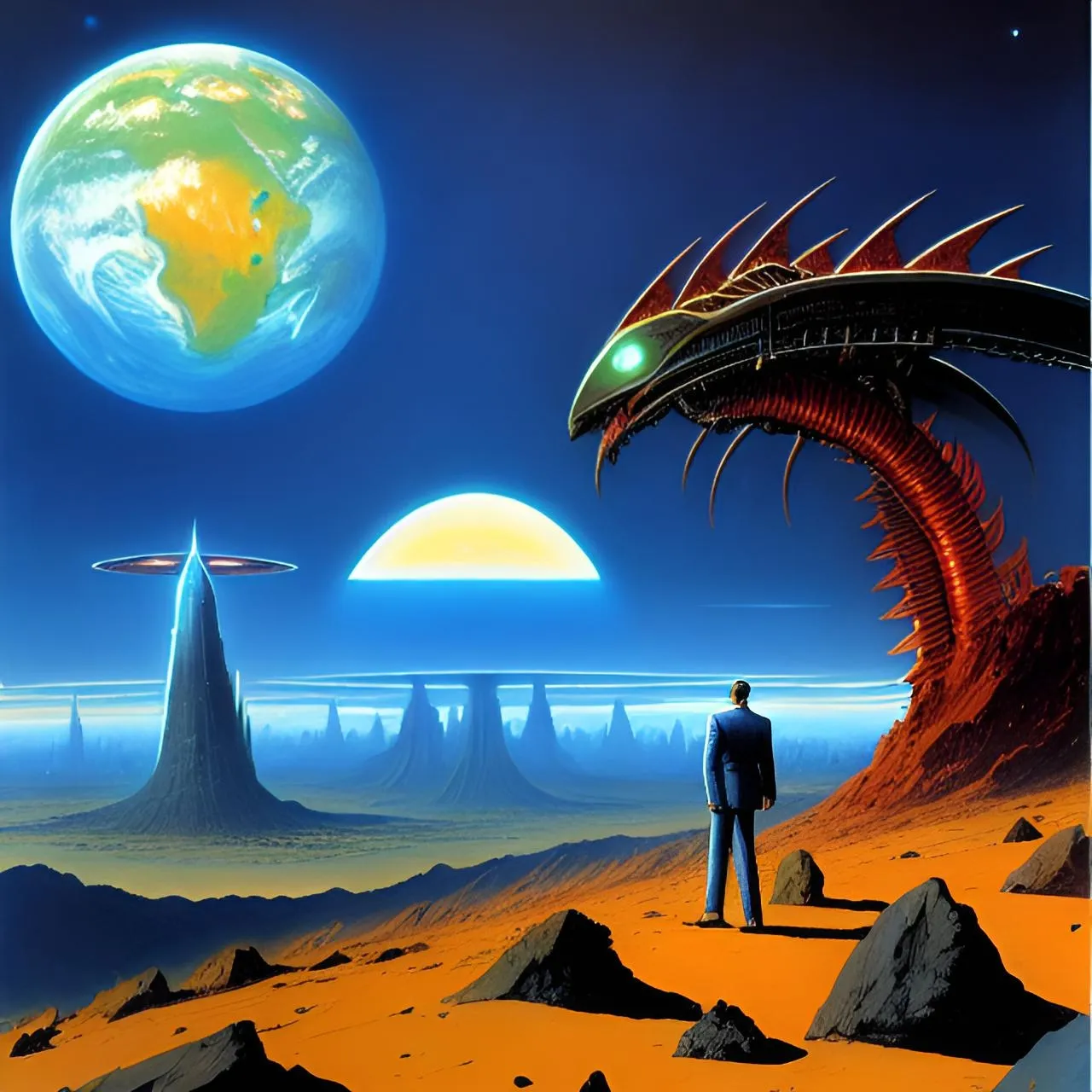 a painting of a man standing in front of a planet