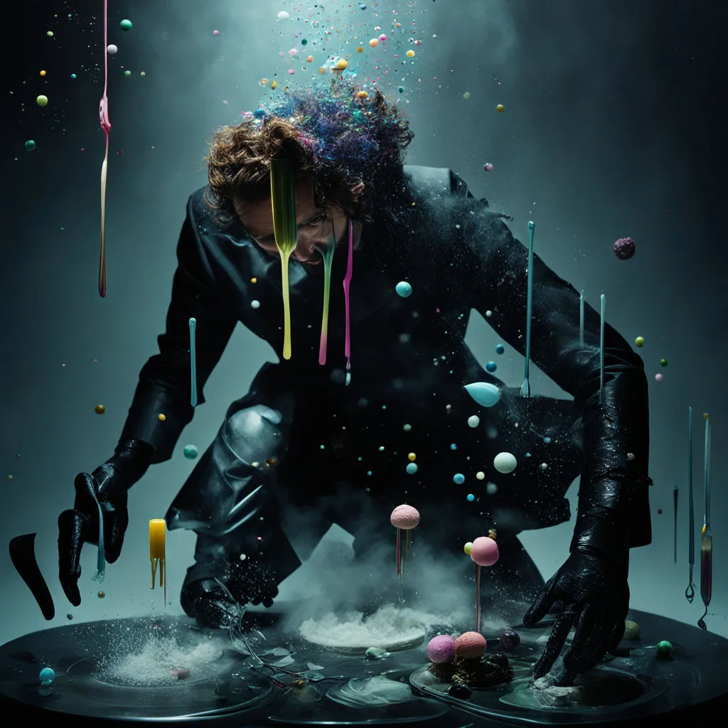 a man in a black suit is surrounded by bubbles