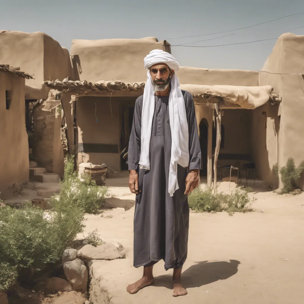 a man standing in front of a mud hut