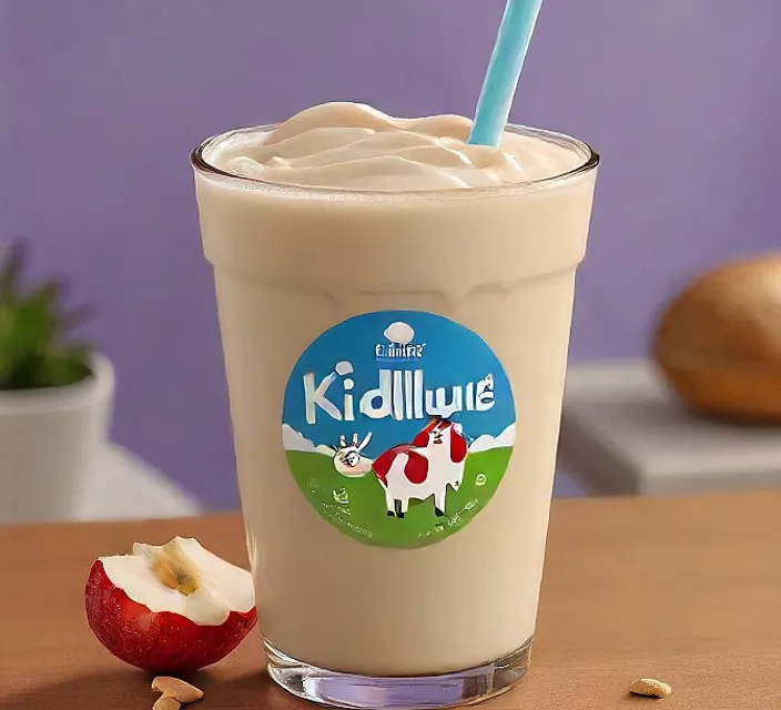 a glass of milkshake next to an apple on a table