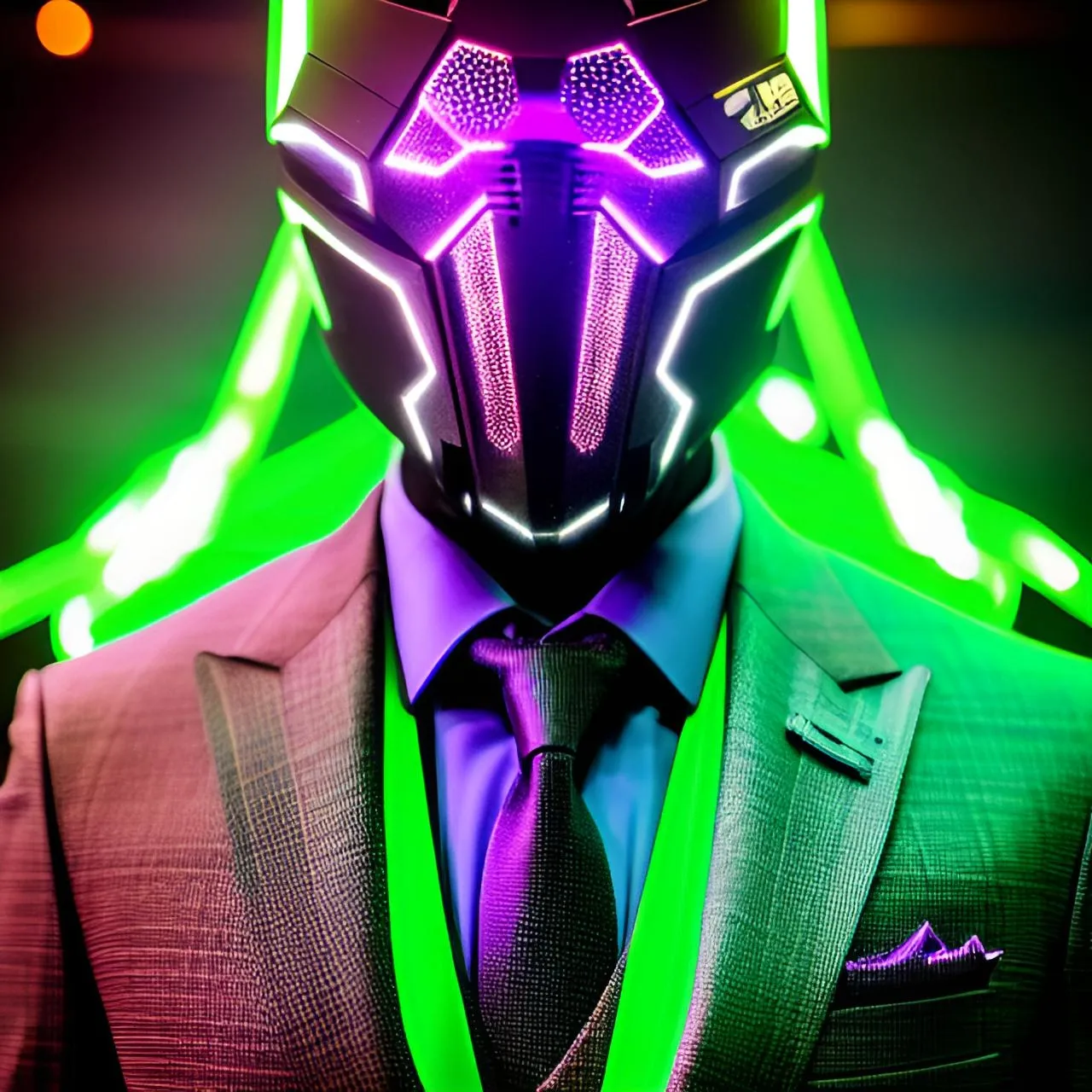 a man in a suit with a neon mask