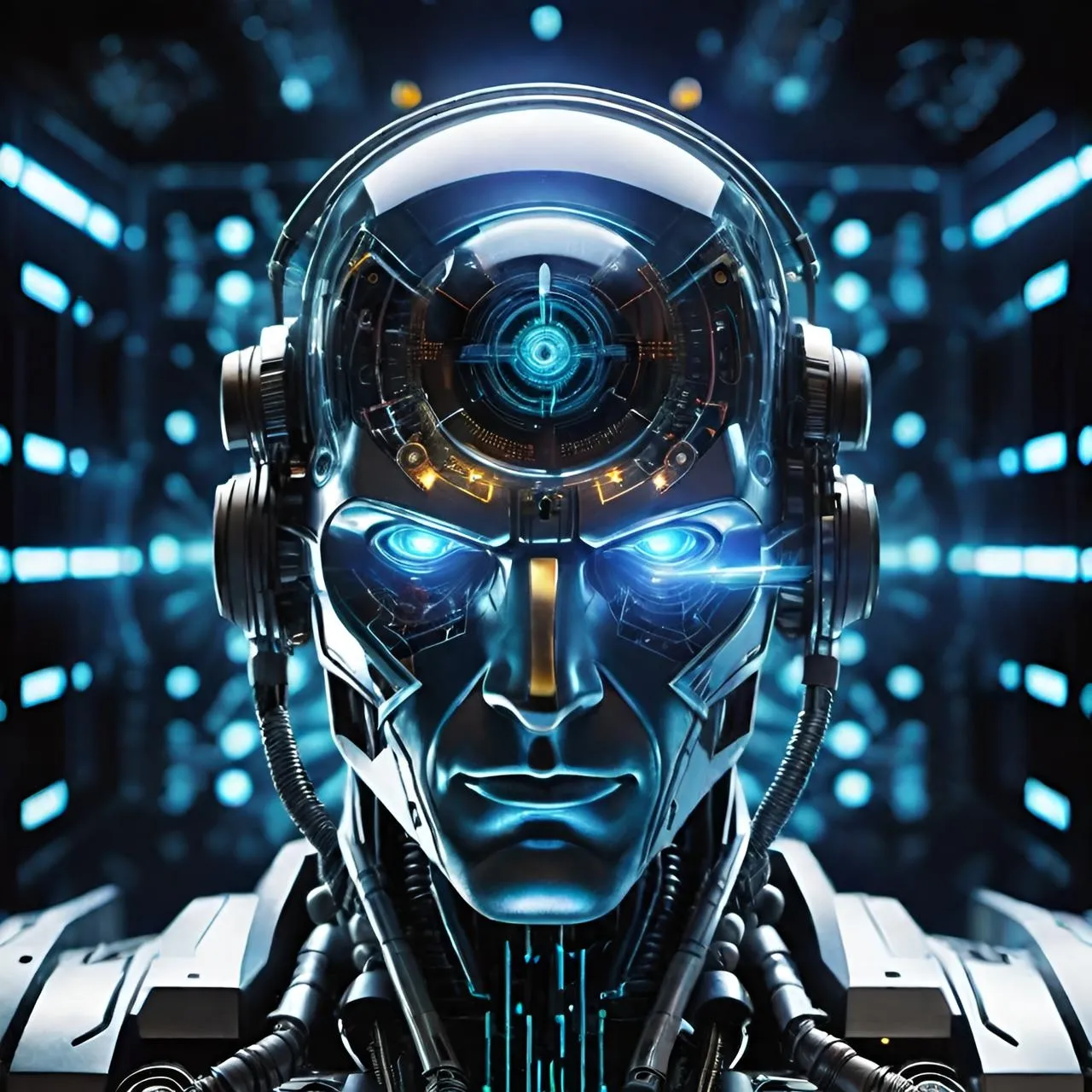 a robot with headphones and a futuristic background