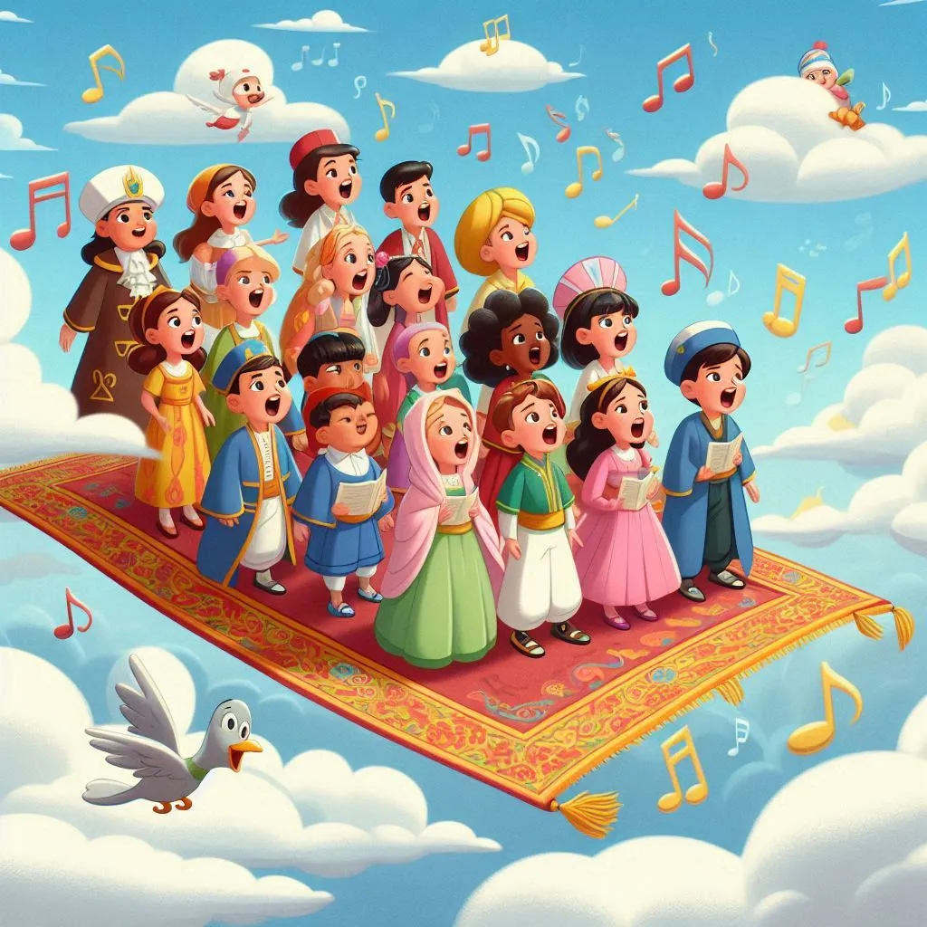 Scene: Chorus in the Sky
Description: The children, now wearing outfits representing their countries, sing the chorus while flying high in the sky, with clouds forming musical notes.
Characters: Children in international costumes.
Objects: Flying carpet, clouds, musical notes.