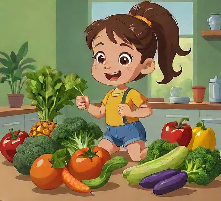 a young girl running through a kitchen surrounded by fruits and vegetables