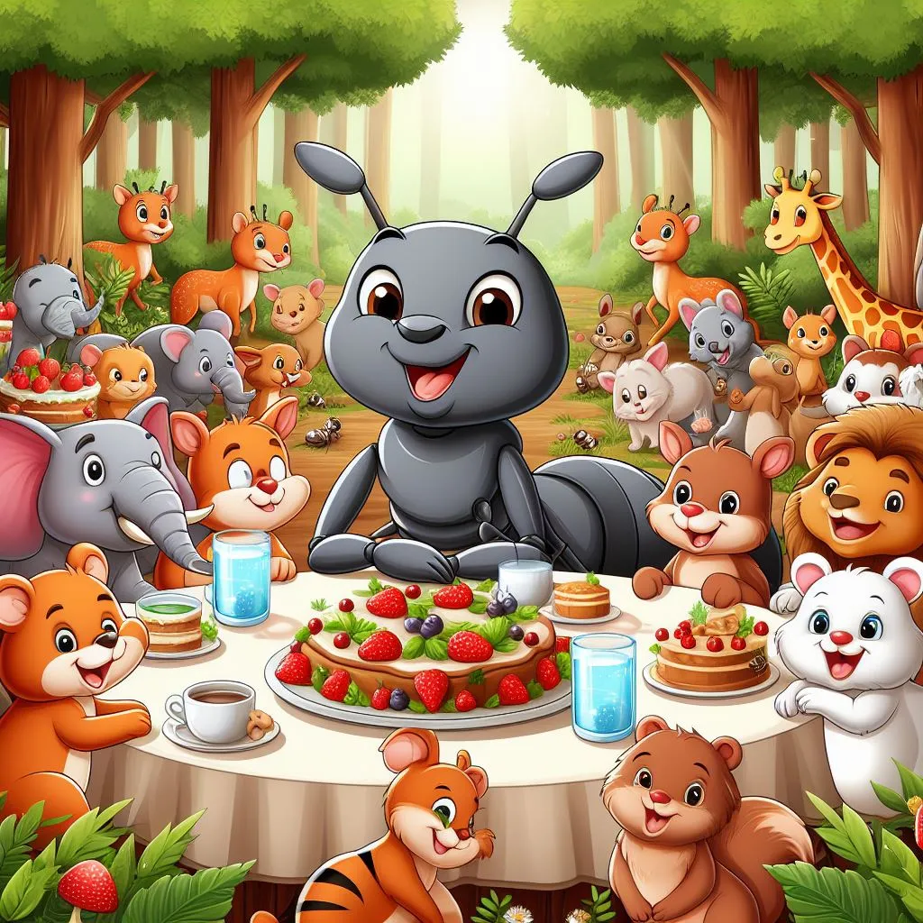 a group of animals around a table with a cake