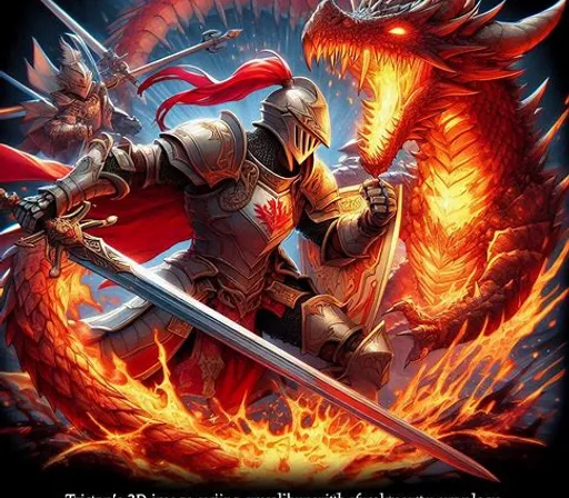 a knight and a dragon fighting over a fire