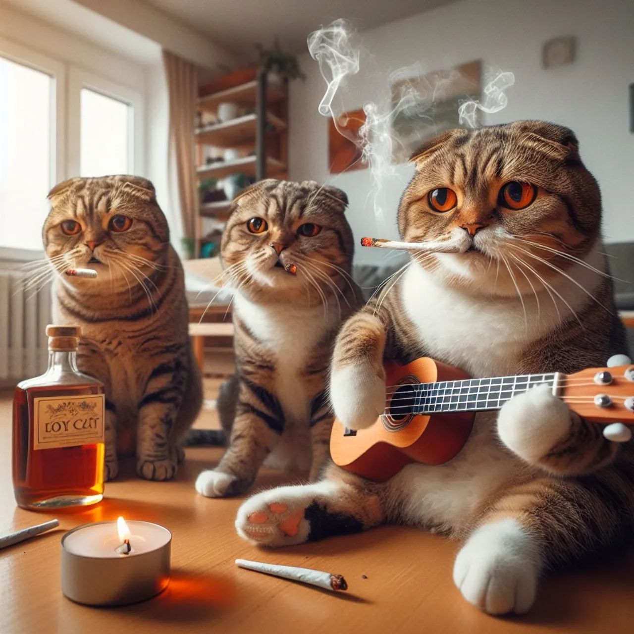 a couple of cats sitting on top of a table