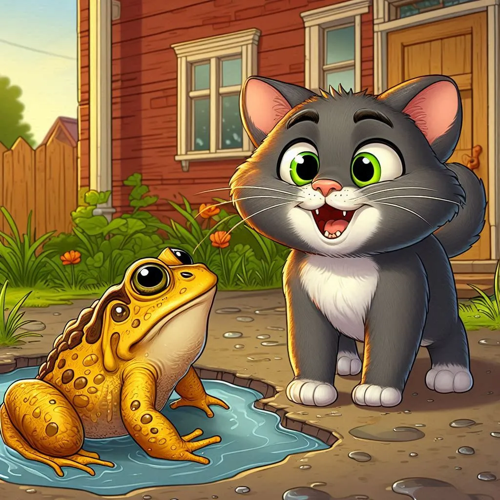 a cat and a frog in front of a house