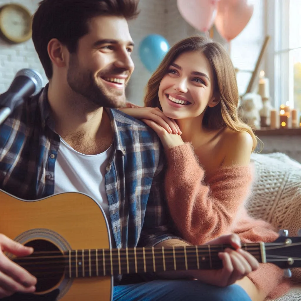 a man and woman sitting on a couch playing a guitar