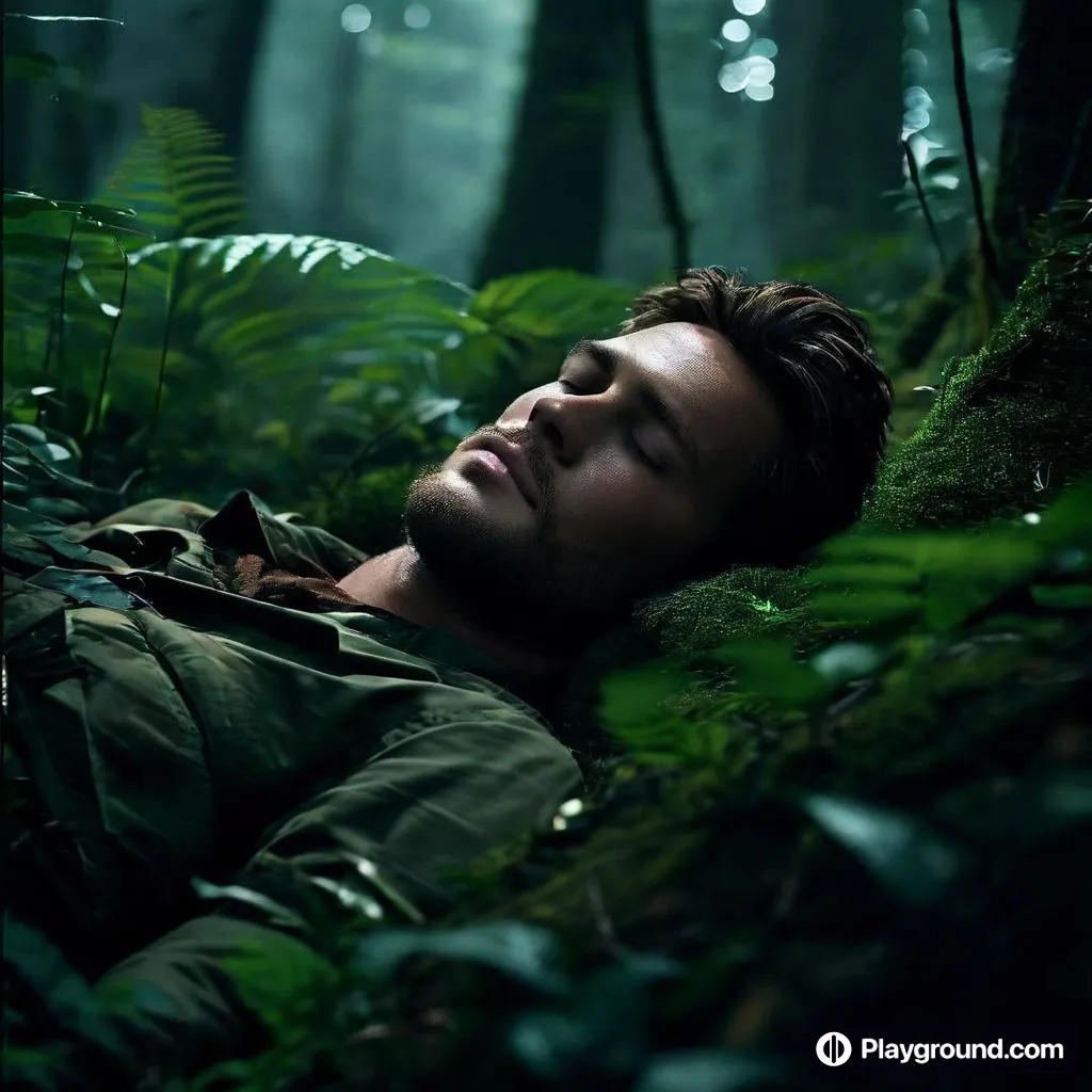 a man laying down in the middle of a forest