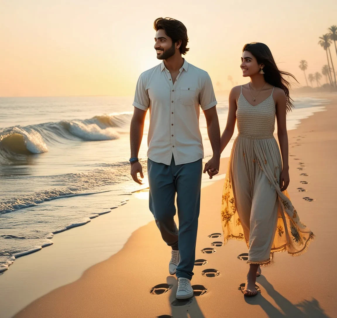 a man and a woman walking on the beach