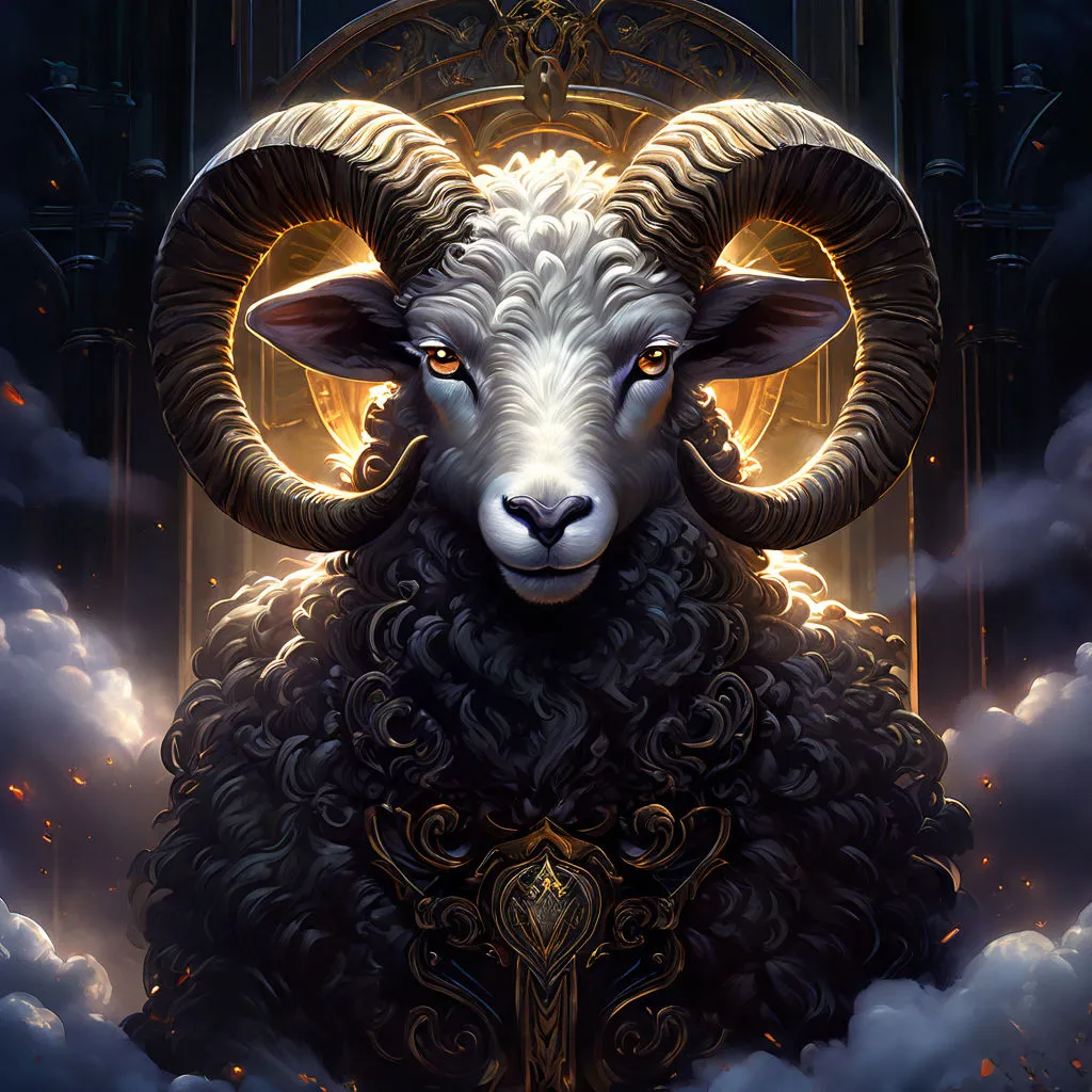 a painting of a ram in the clouds