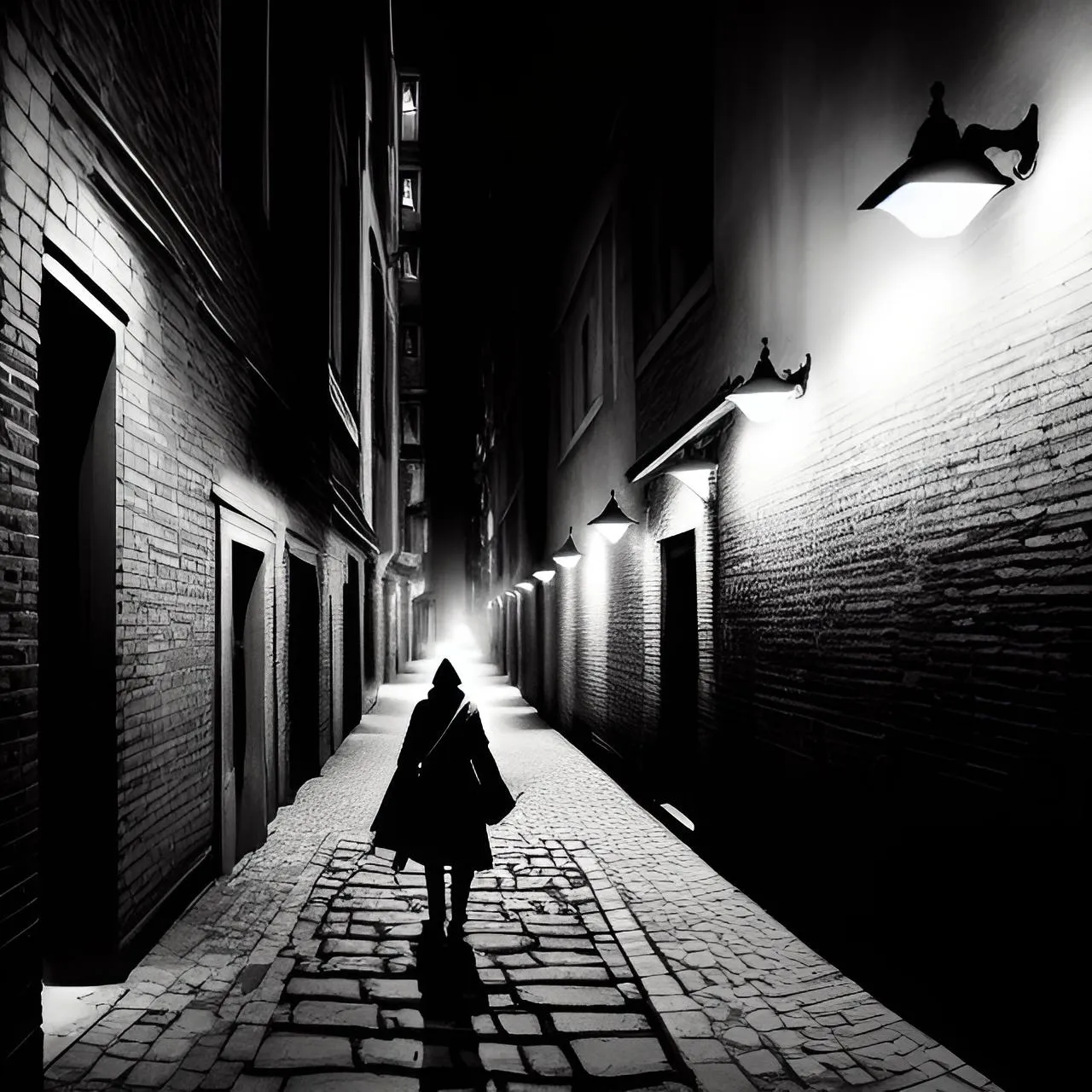 a person walking down a street at night