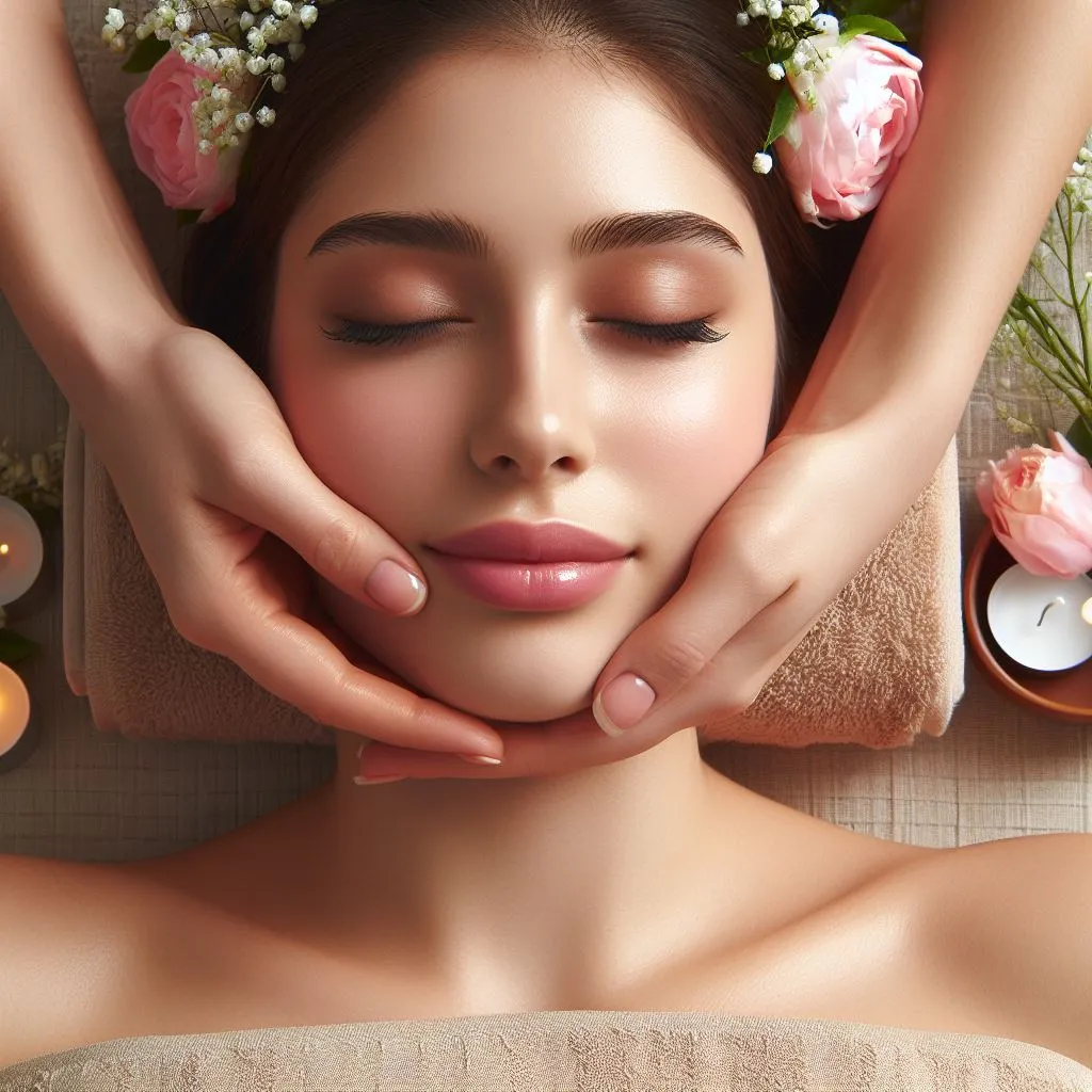 A serene woman receiving a facial inside a zen greenhouse glowing with hanging paper lanterns and surrounded by colorful butterflies and a tranquil garde