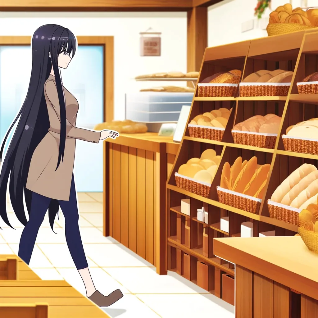 a woman walking past a bakery filled with bread