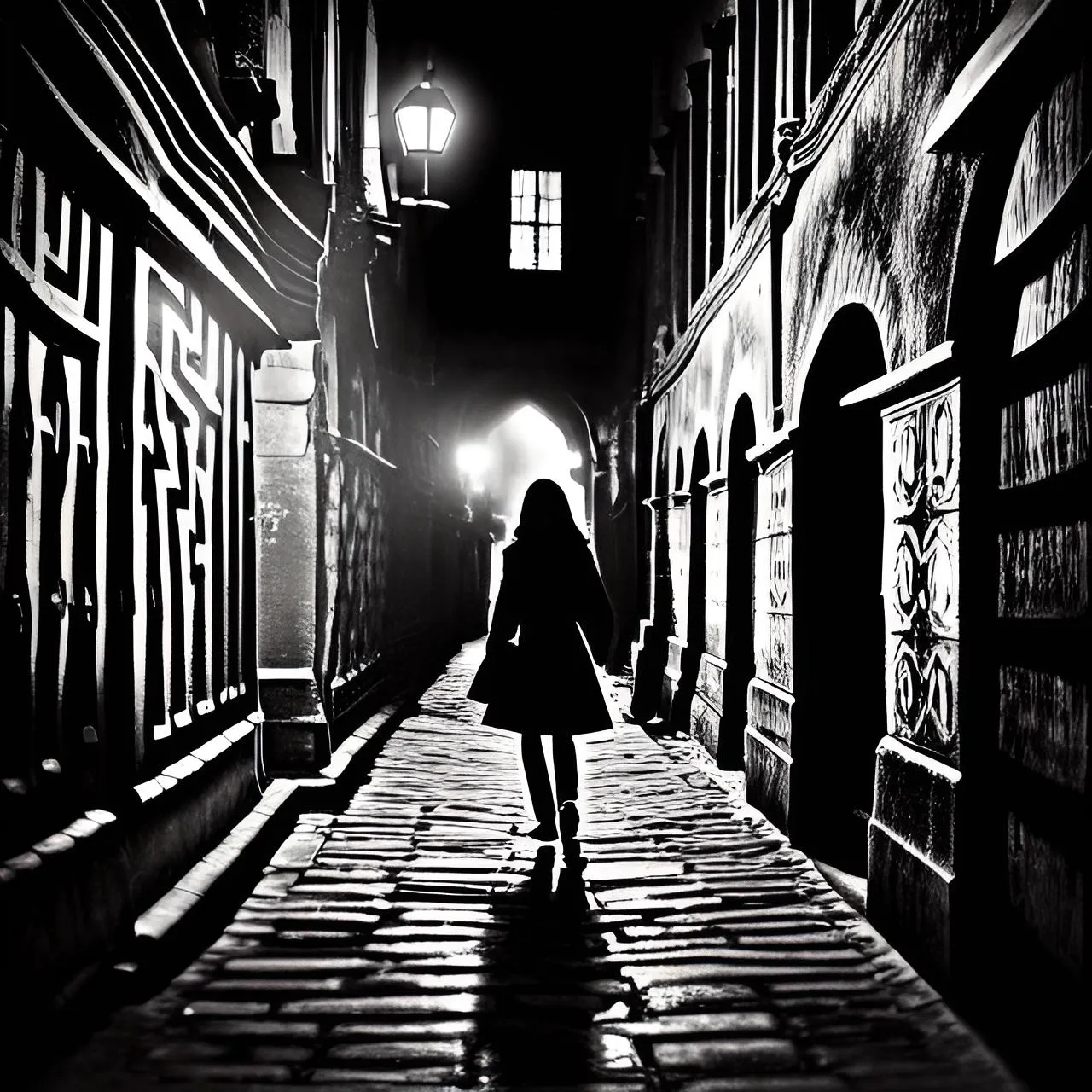 a woman walking down a dark alley way