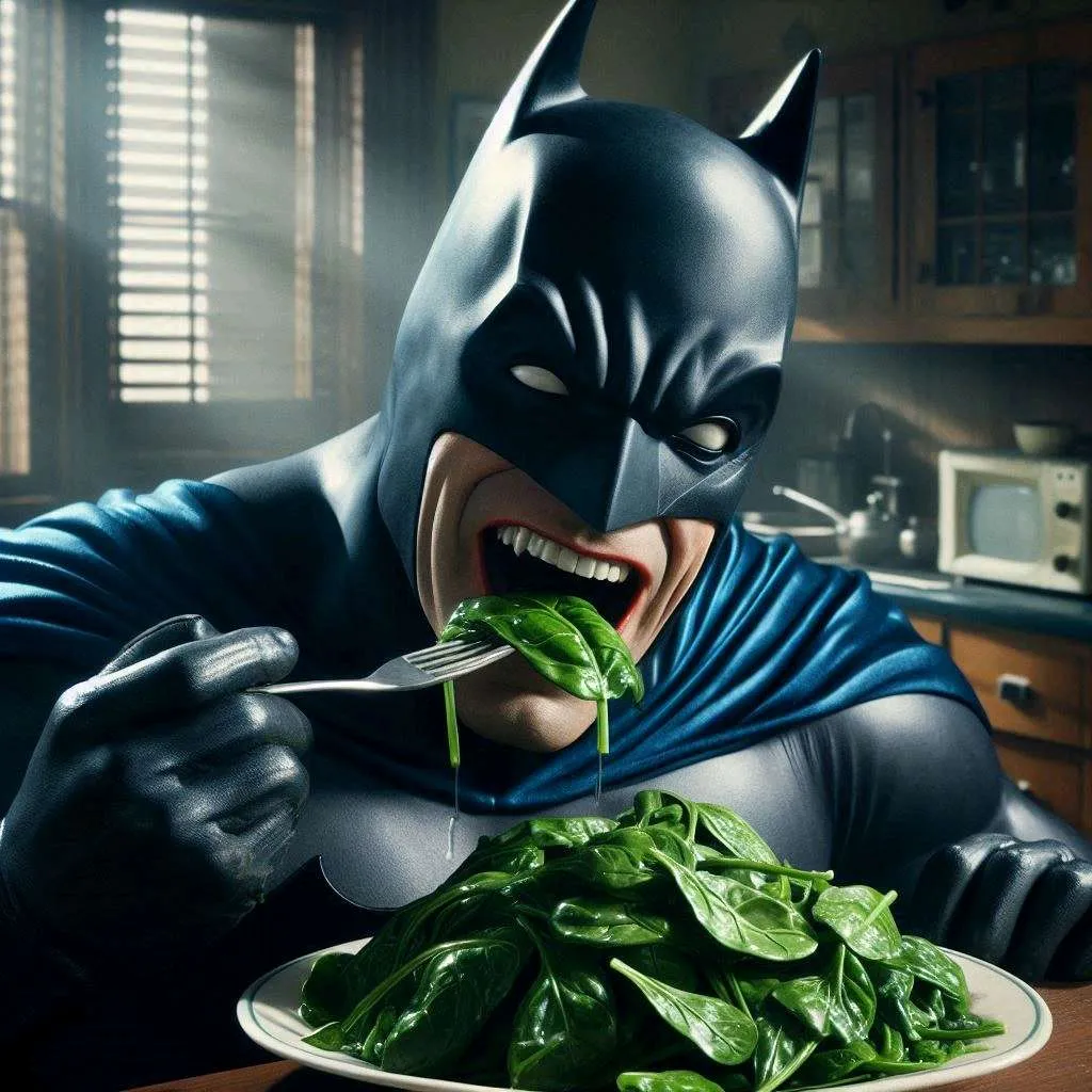 batman eating spinach at an accelerating rate. slow pan., advertising style