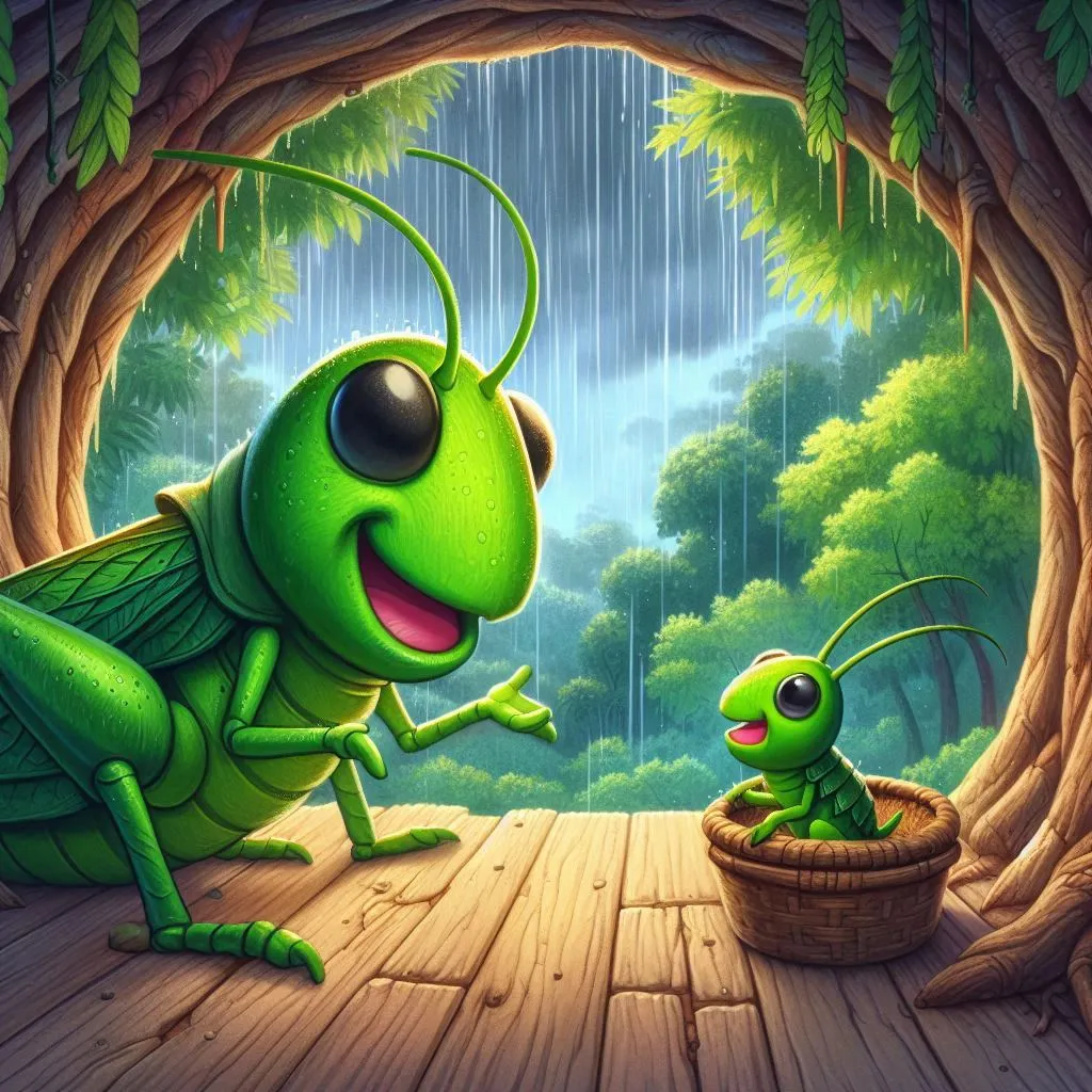 a green bug and a green frog in a forest