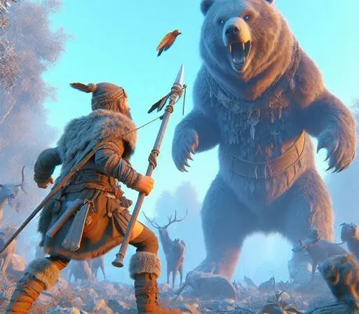 a man standing next to a giant bear in a forest