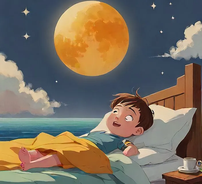 a boy laying in bed with a full moon in the background