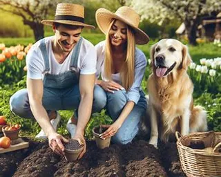 a man and a woman with a dog in a garden