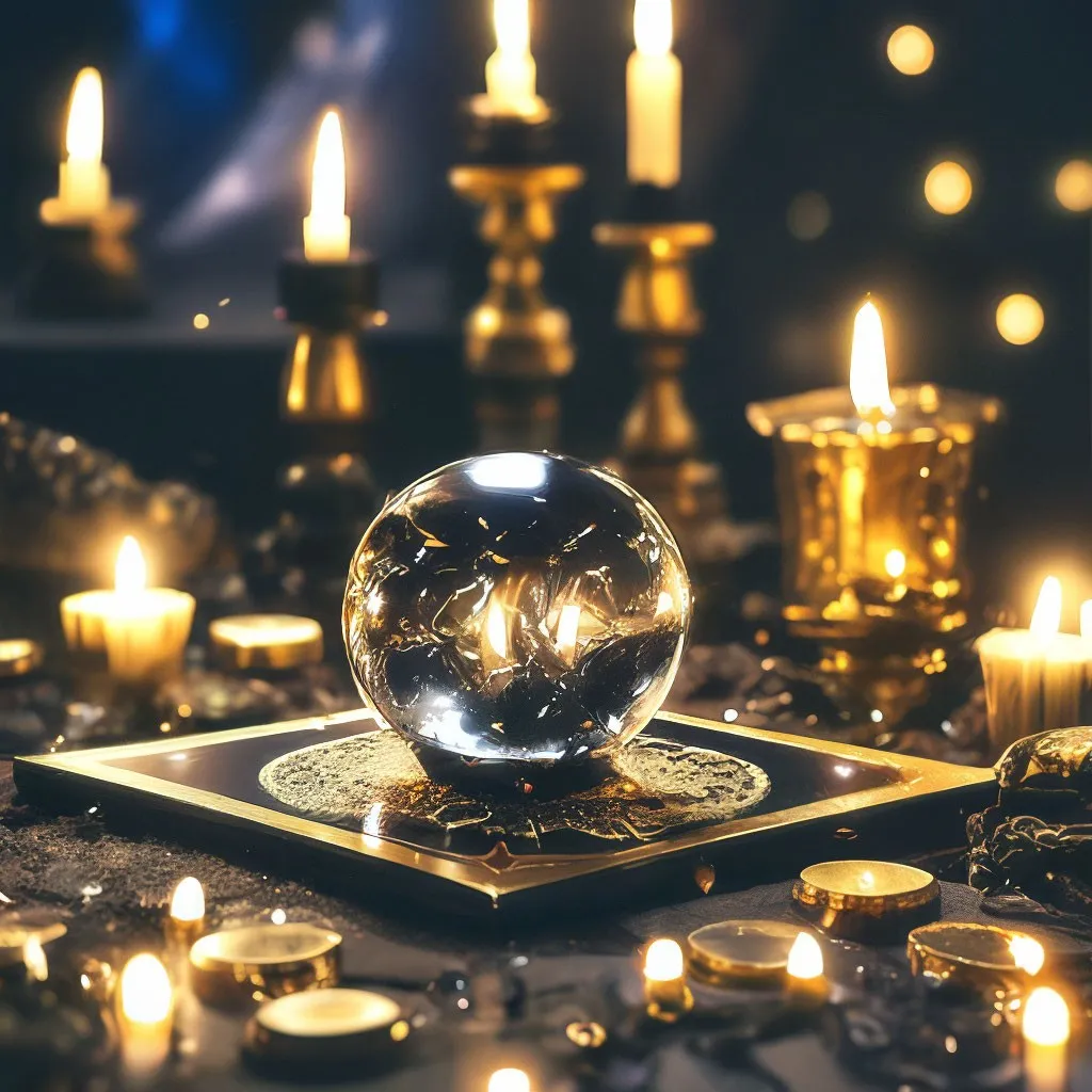 a crystal ball sitting on top of a table surrounded by candles